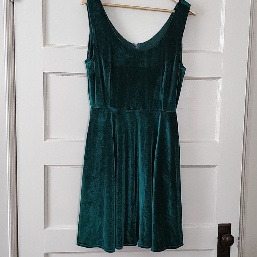 Green sleeveless velvet dress with pockets from Modcloth